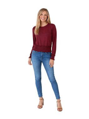 New ZARA Collection Small Burgundy Smocked Hem Long Sleeve Top